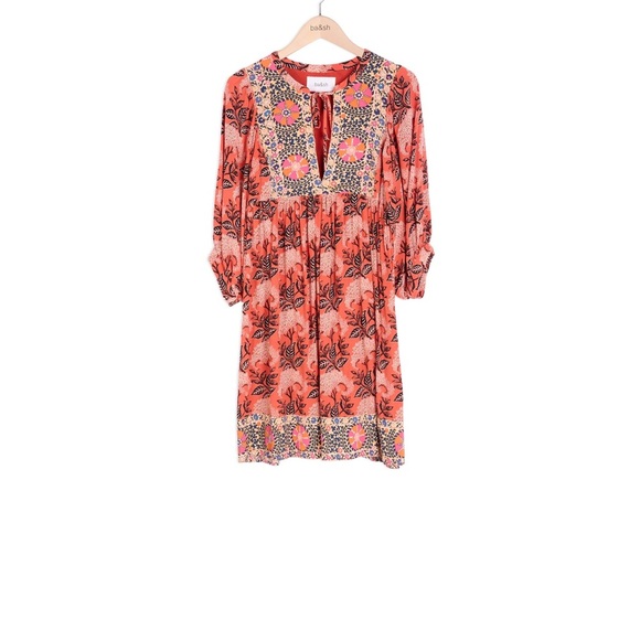 Ba&sh Dress Women's 0 Orange Multi Floral 3/4 Sleeve V-Neck Cottage Core NWT - Picture 7 of 8